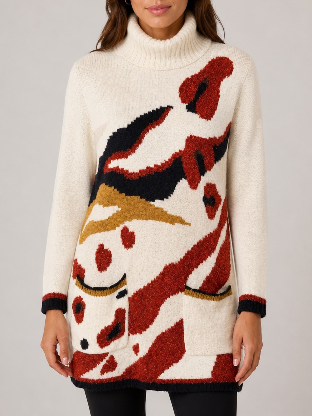 Franco Valeri Merino Wool Blend Turtleneck Tunic Sweater Abstract Print Small